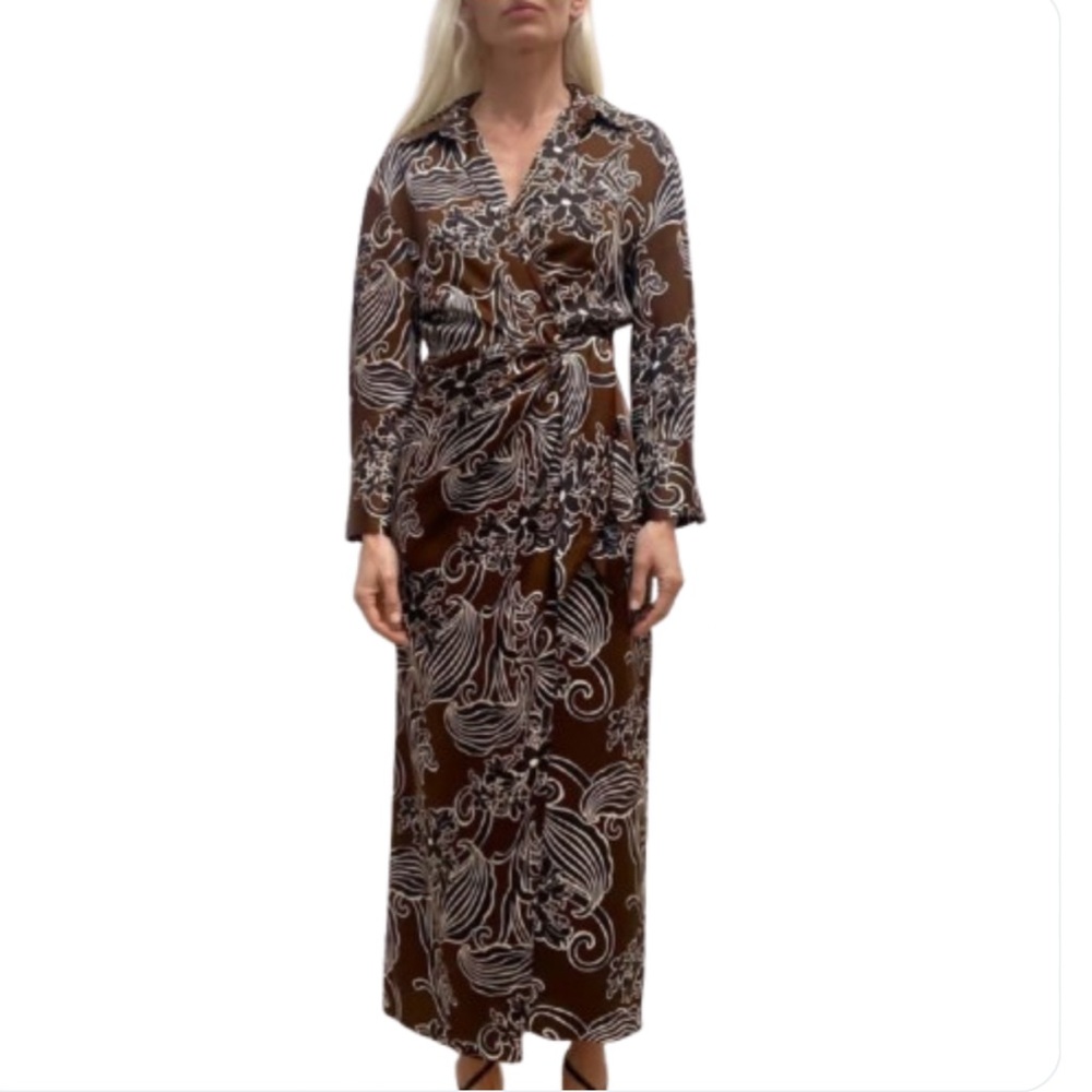 NEW Zara Wrap Dress Brown Black Floral L/S Satin Printed Maxi Shirtdress MEDIUM